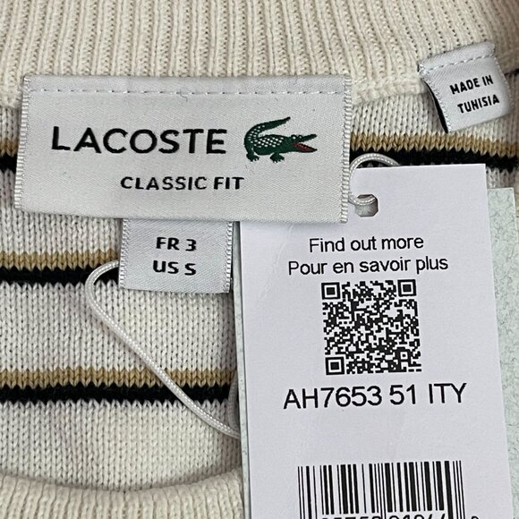 NWT LACOSTE Men's White Striped Cotton Crewneck Sweater with Badge Size Small - Picture 6 of 8
